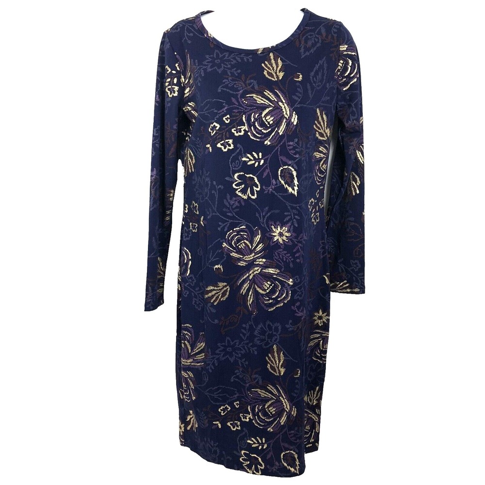 Lularoe Dress Womens S ‎ Purple Gold Floral Accents Long Sleeves Stretch round